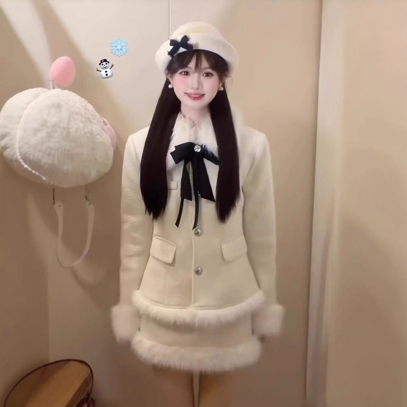 (2개) 한국 드라마 딸 빅 미스 타이트 허리 슬림 울 재킷 오버스커트 세트 여성 누빔안감 따뜻한 투피스 세트