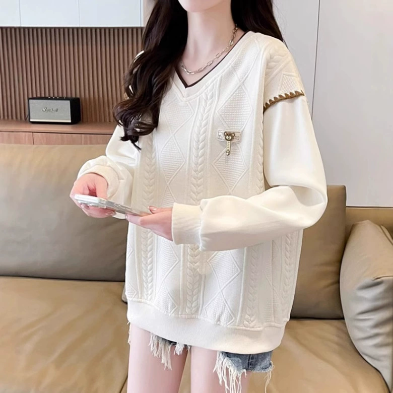 Новая женская толстовка в японском стиле с V-образным вырезом, осень 2025, повседневный дизайн, с медведем, с длинным рукавом, больших размеров, оптом