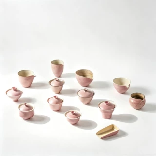 樱花粉釉侘寂风茶具套装 手工盖碗公道杯 粉色粗陶茶器多件可选