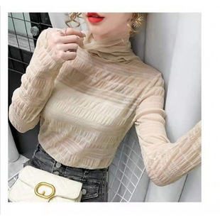 Bubble Lace Pile Collar Bottoming Shirt Women's Autumn and Winter Stylisic Inner Wear Sexy Thickened Long Sleeve Slim Mesh Top
