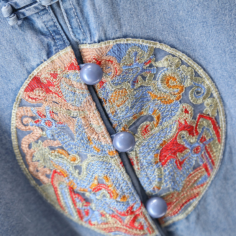 7231 Traje de estilo chino para niños, estilo occidental, traje de dos piezas de mezclilla de manga corta de verano, Hanfu delgado de moda de verano