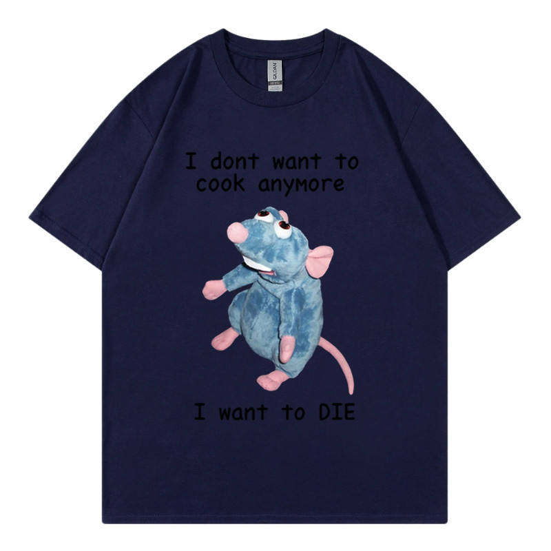 T-shirt en pur coton marque de mode sport nouveaux hommes ample col rond imprimé souris je ne veux pas cuisiner à nouveau T-shirt_voghion.com
