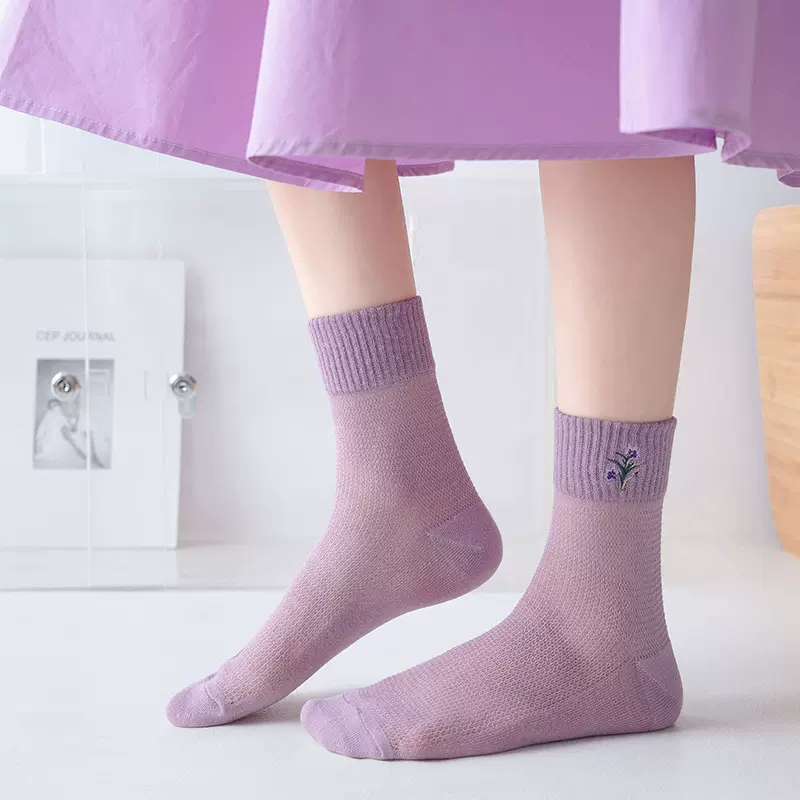 韩国ins风中筒女袜 春秋新款紫罗兰小花棉袜日系网眼中筒袜子现货