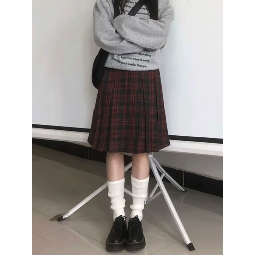 Красная клетчатая юбка, летняя свободная юбка большого размера, тонкая плиссированная юбка средней длины, новинка 2025 года, юбка трапециевидной формы