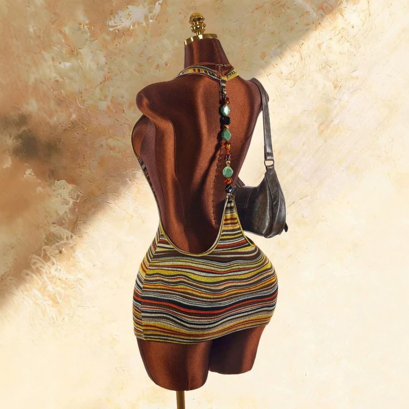Cross-border European and American striped beaded backless halter neck bodycon mini dress, feminine hollow-out slim-fit party short dress Cross-border European and American striped beaded backless halter neck bodycon mini dress, feminine hollow-out slim-fit party short dress