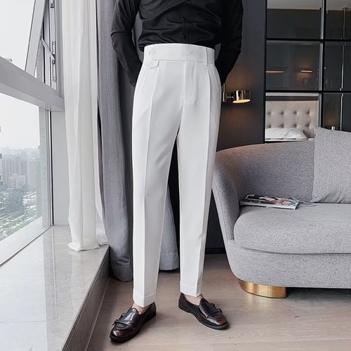 【SHOPEE】TH跨境男装修身小脚高腰商务纯色休闲那不勒斯西裤
