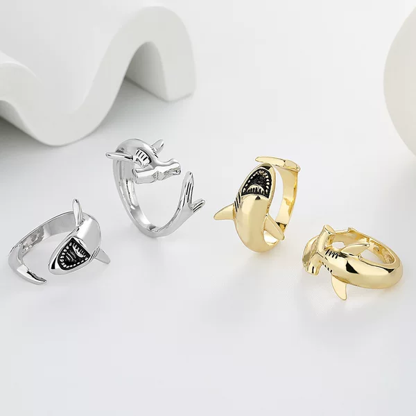 European and American Cross-Border Trendy Exaggerated Jewelry Retro Simple Large White Shark Open Ring Ins Niche Design Shark Ring for Women