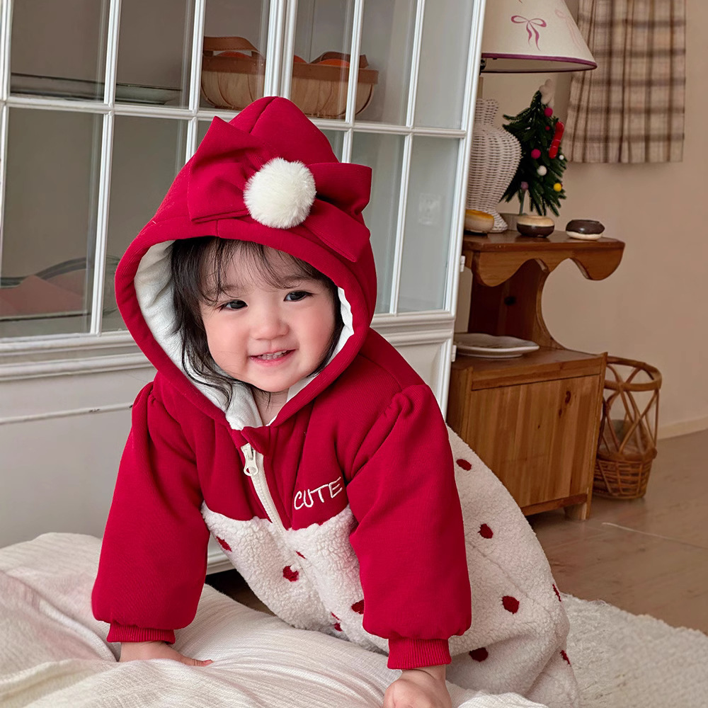 Ropa de invierno para bebés, pajarita de lunares, ropa de algodón gruesa, ropa de año nuevo lindo, ropa de mujer, mameluco para bebés, mameluco acolchado