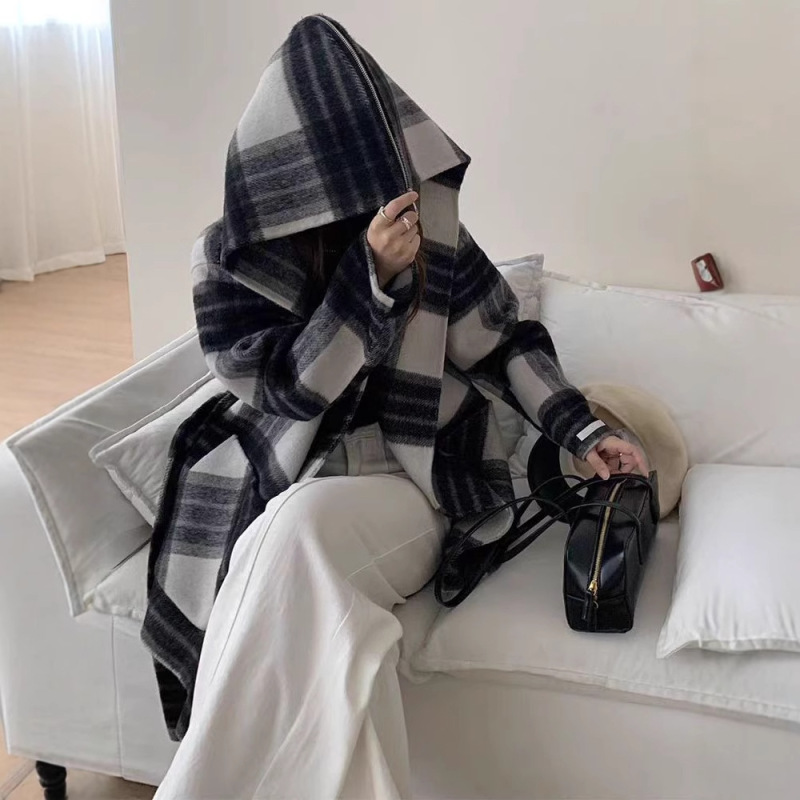 Vintage Academy Style Plaid Hooded Navy Collar Korean Style Autumn and Winter New Mid-length Lace-up Double-sided Wool Coat for Women