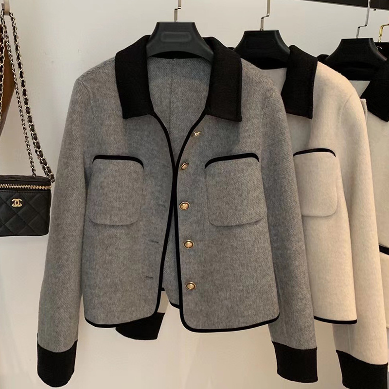 Short small double-sided woolen coat autumn and winter New long wool plaid Chanel style wool coat top