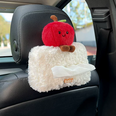 Car Tissue Box for a Safe Journey, Cute Apple-Shaped Plush Car Seat Back Hanging Tissue Box, Car Interior Decoration Items (Car tissue box/set) - red-apple-white-plush-tissue-box-single