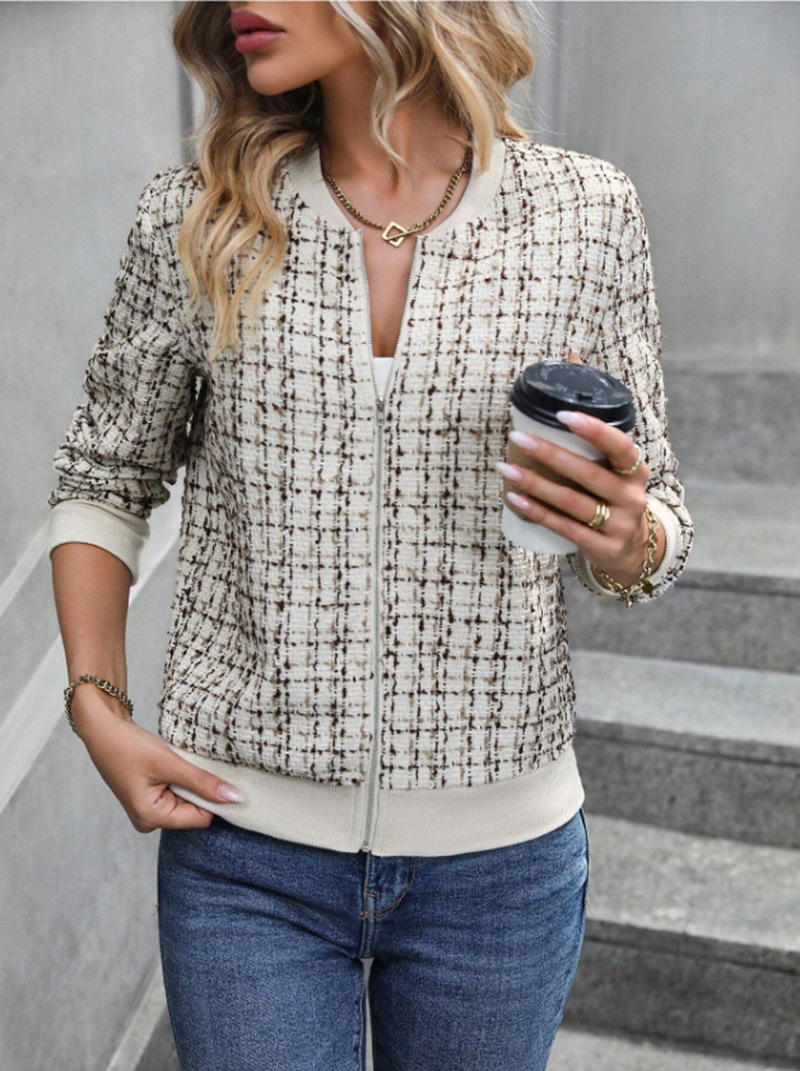 Damenbekleidung, neue Herbst-Langarm-Reißverschluss-verzierte Strickjacke, bedruckte Jacke, kleine Jacke_voghion.com