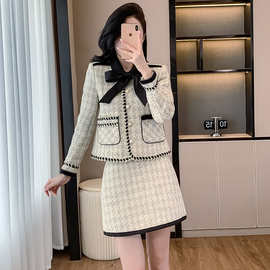 W2F2025女士秋冬款 Miss DG 小香风蝴蝶结系带外套加半身裙两件套