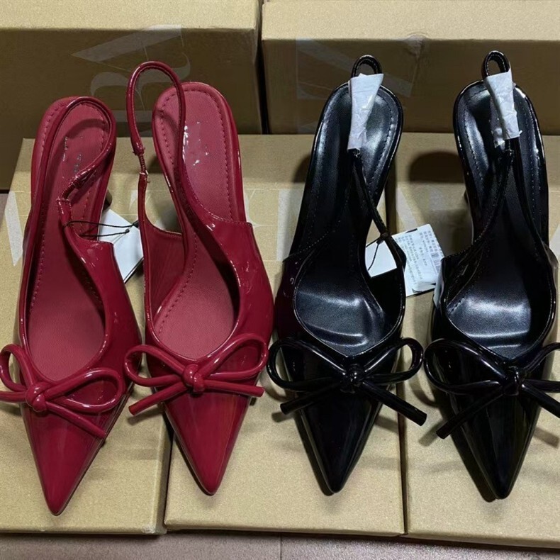Za Factory 2025 Autumn New Patent Leather Bow Decorated Pointed Toe High Heel Mules One-Line Back Open Toe Sandals