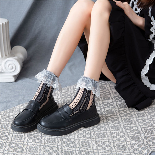 JK-style Lolita Girl Socks, Summer Thin Model, Breathable Mesh Cardigan Socks with Vertical Stripes, Lace Flower Edge, Female Pile Socks