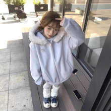 美式复古毛领连帽开衫卫衣外套春秋慵懒休闲显上衣