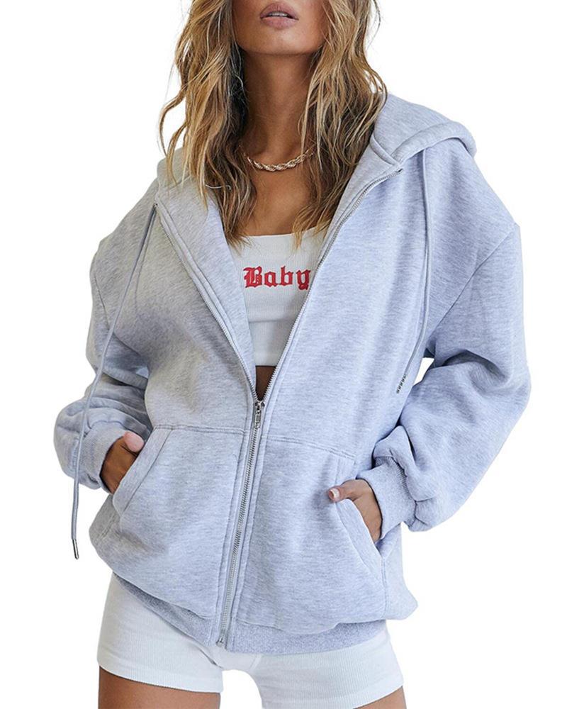 456g Weight Long Sleeve Sleeve Length Zipper Placket Type Regular Sleeve Sleeve Type Polyester Fabric Type Long Top Length Hoodie Tops Type Daily Occasion Hooded Neckline Regular Fit Fit Type Solid Color Pattern Spring, Autumn Season Women's Gender Pocket Design Streetwear Style Women's Streetwear Solid Color Pocket Zipper Hoodie 26