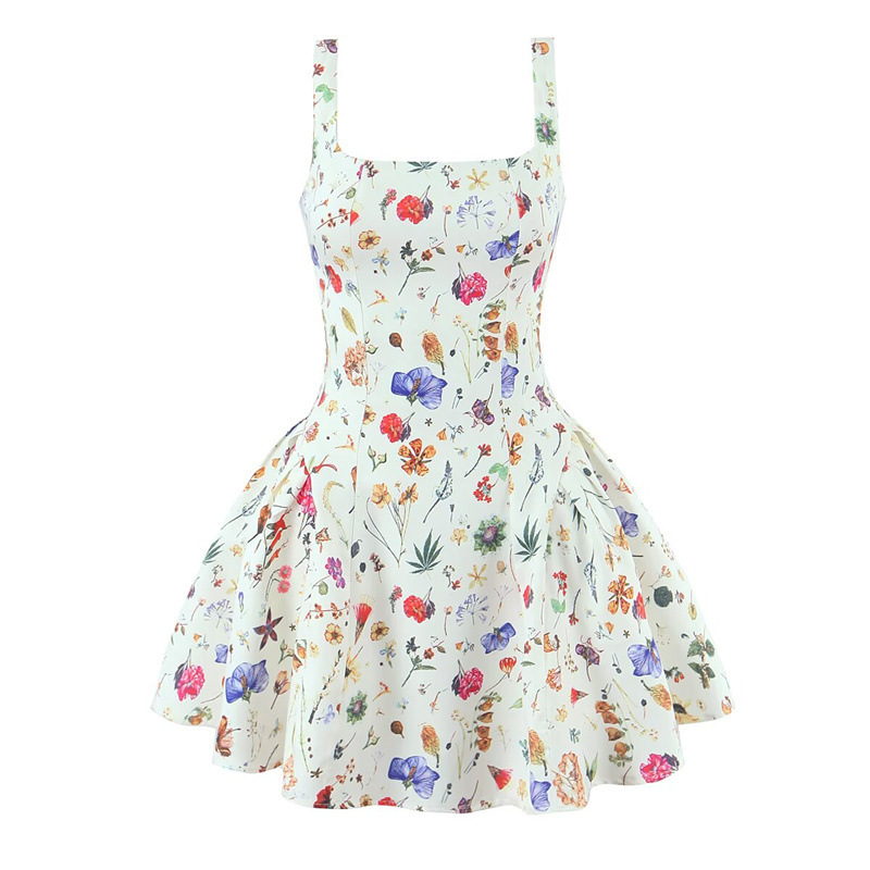 French-Style Sweet and Elegant Slim-Fit Waist-Cinching Floral Strap Dress, Puffy Skirt, Pure Desire Vacation Short Dress for Women