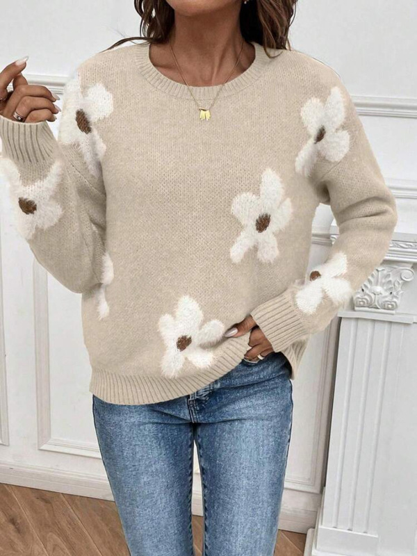 Amazon European and American Fashion Pullover Round Neck Long-Sleeved Sweater European and American Cross-Border Foreign Trade Flower Print Clothes for Women in Autum
