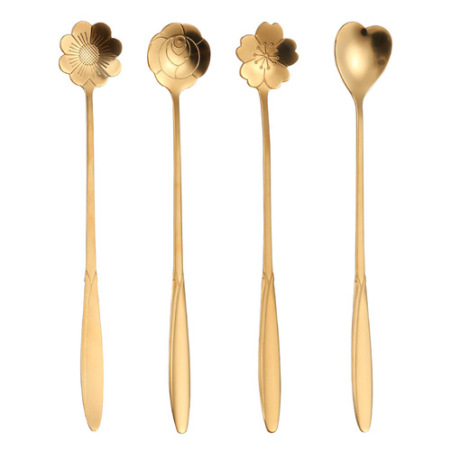 W creative stainless steel long handle golden flower-shaped spoon mixing spoon cherry blossom heart-shaped spoon rose spoon gold-plated logo