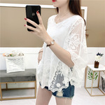 2025新款春夏女装百搭镂空刺绣蕾丝衫花边蝙蝠袖罩衫网红沙滩上衣