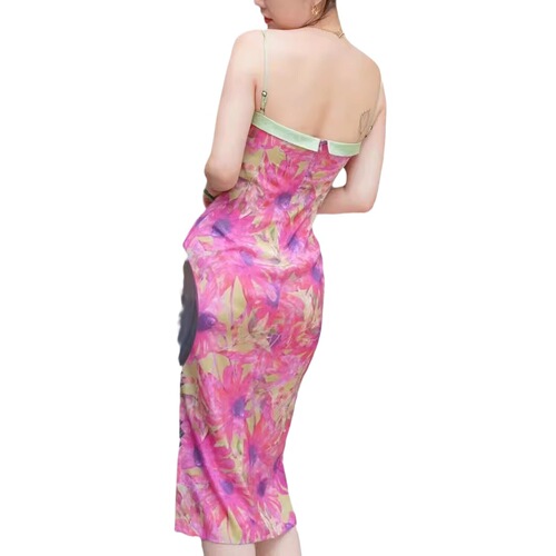 French niche design, summer, new Chinese floral stitching, contrasting color, slim high-rise dress, medium and long skirt, trendy