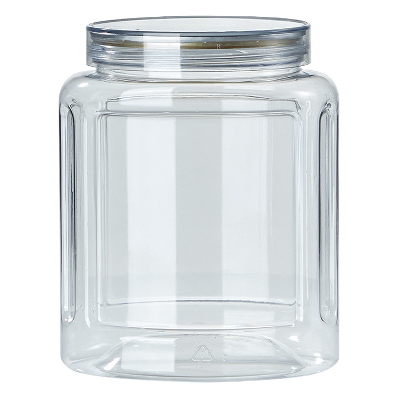 En stock de gran diámetro cubierta portátil botella de plástico de grado alimenticio tarro de tuerca cuadrado de mano granos tarro de vegetales secos