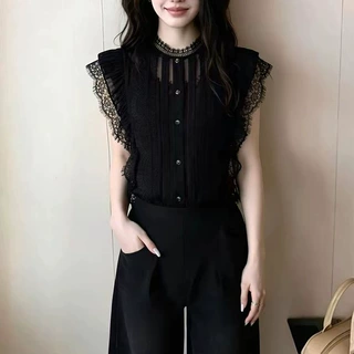 法式黑色小飞袖蕾丝拼接上衣女2026夏季新款设计感气质轻熟风衬衫