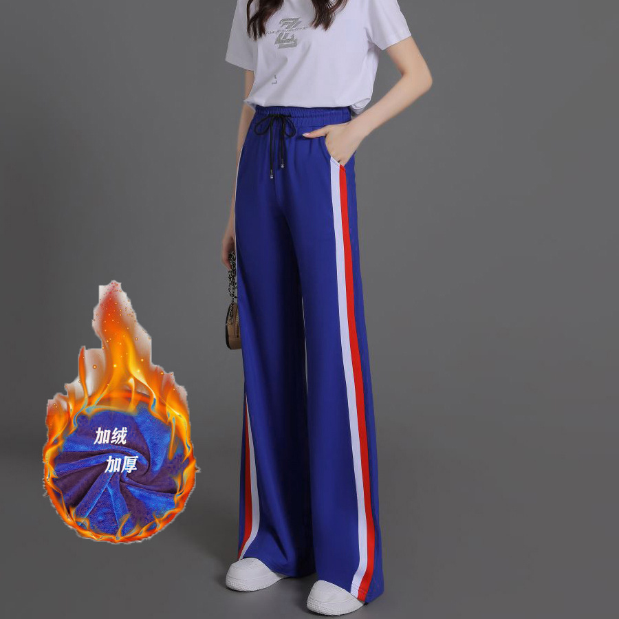加绒加厚阔腿裤女新款高腰宽松微喇裤显瘦侧条纹运动裤垂感休闲裤