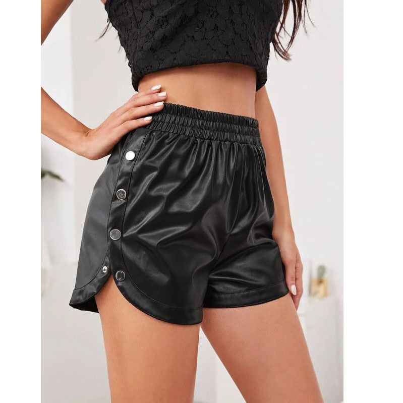 Side Button Pu Leather High Waist Slit Shorts NSML108476