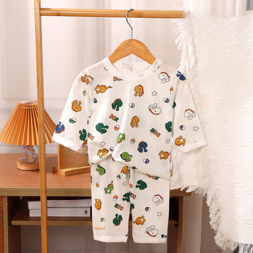 2024 Children's Summer Lightweight Sleepwear Baby Seven-Sleeve Floral Air Conditioning Suit For Boys And Girls Pure Cotton Home Suit Set