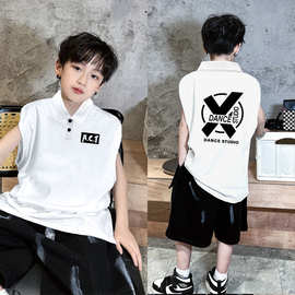韩版2024夏季男童潮流时尚纯棉POLO衫背心中大儿童装翻领无袖上衣