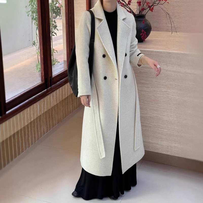 Foreign Trade 2025 Autumn and Winter Lapel Lace-Up Loose Large Size Long Double-Breasted Double-Sided Wool Outwear Women's Outwear
