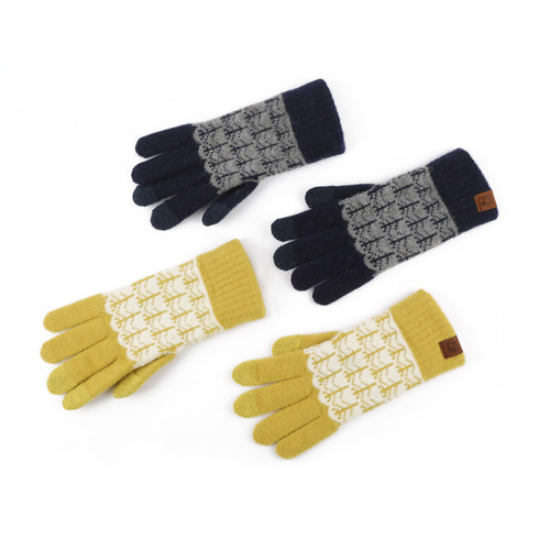 Japanese-style winter wool color-blocking knit gloves, retro jacquard, lined, touch screen, warm riding gloves
