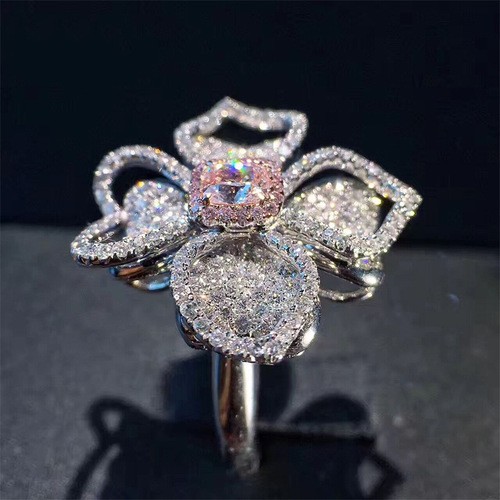 AliExpress fashion luxury light luxury group set pink diamond ring for women four-leaf clover flower European full diamond ring