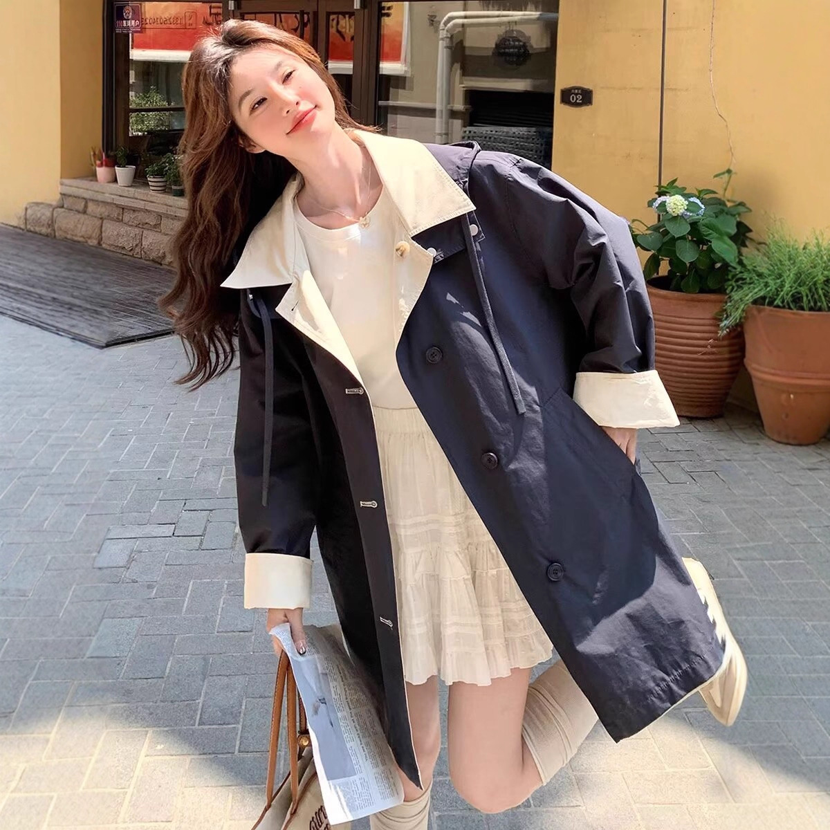 Cross-Border Exclusive Women's Trench Coat with a Sense of Design, Color-Blocking, New Autumn Versatile High-End Motorcycle Jacket, Reversible