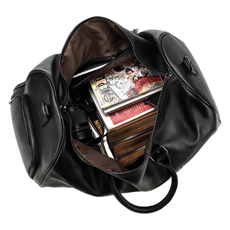 First-Layer Cowhide Leather Crossbody Bag, Genuine Leather Travel Bag, Black Gym Bag with Shoe Compartment, Waterproof Handbag for Travel
