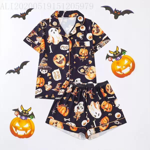 New European and American Women's Pajamas Cross-Border Foreign Trade Halloween Printed Lapel Short-Sleeved Shorts European and American Home Wear Sets