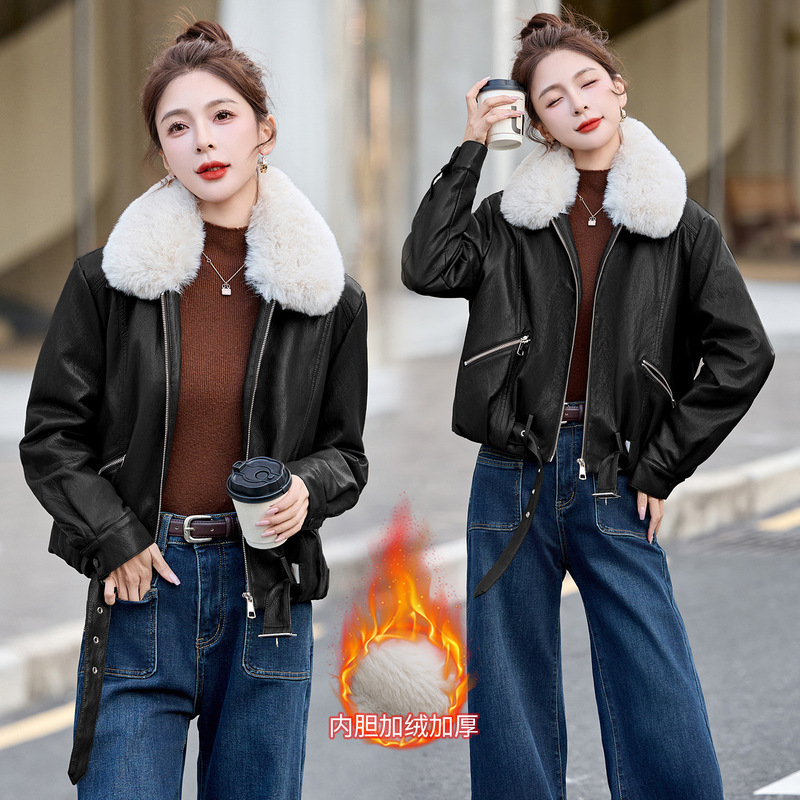 Haining Leather Jacket Women's Short 2025 New Style Fashionable Casual Fleece-Lined Warm Winter Retro Leather Jacket