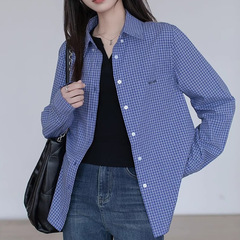 蓝色格子衬衫上衣女内搭2025春秋新款宽松休闲气质小个子正肩衬衣