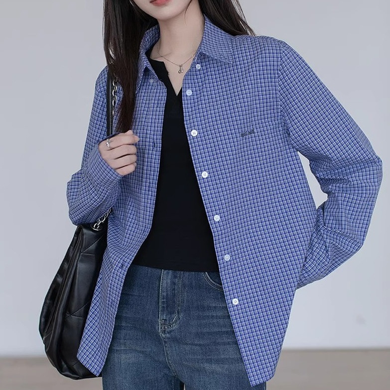 蓝色格子衬衫上衣女内搭2025春秋新款宽松休闲气质小个子正肩衬衣|undefined