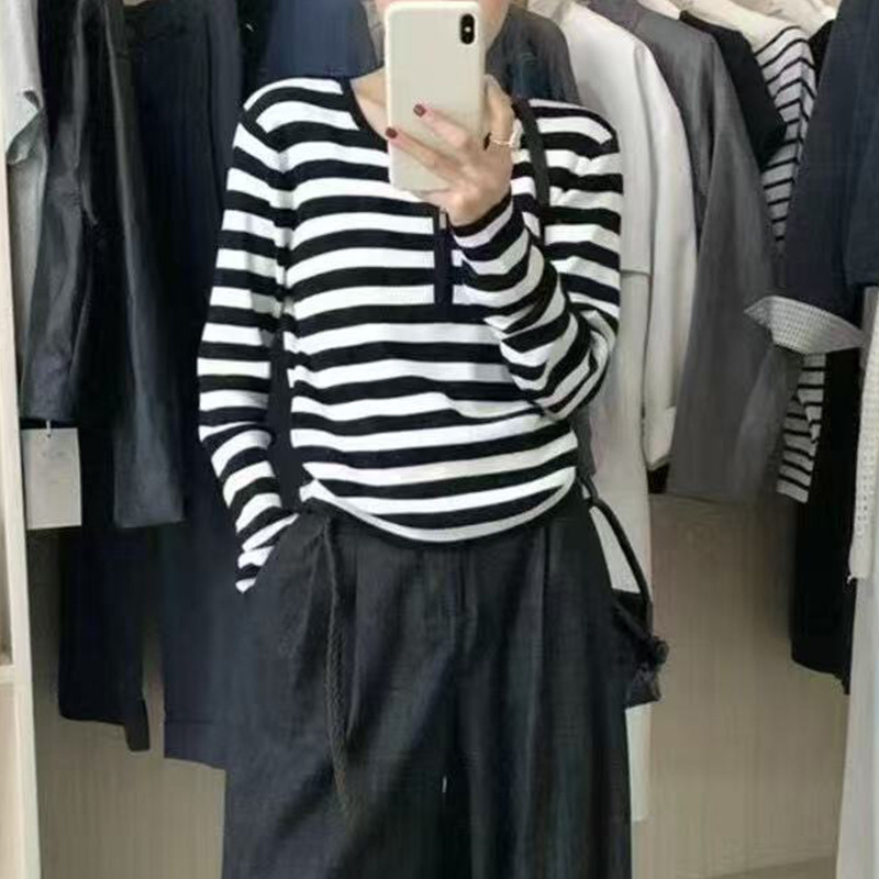 十三行秋季上衣女韩系内搭半开领长袖黑白条纹独特超好看T恤正肩|undefined