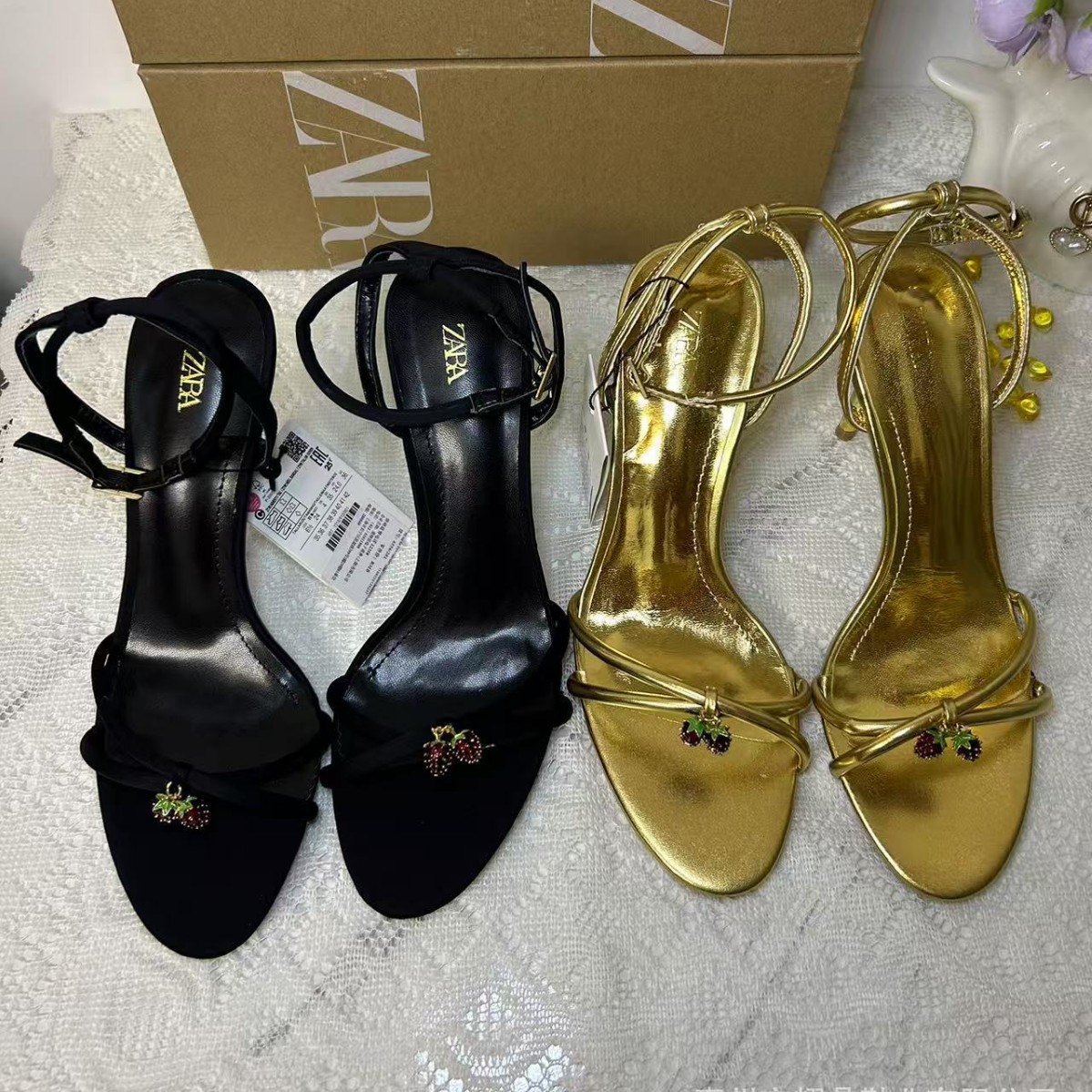 Za2025 New Summer Women's Shoes Black Buckle Decorated Open-Toe High Heels One-Line Buckle Strap Hollow Fashion Sandals