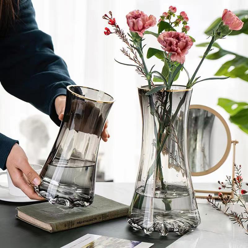 桌面辦公室描金玻璃花瓶鮮花玫瑰ins擺件電鍍玻璃花瓶生產批發