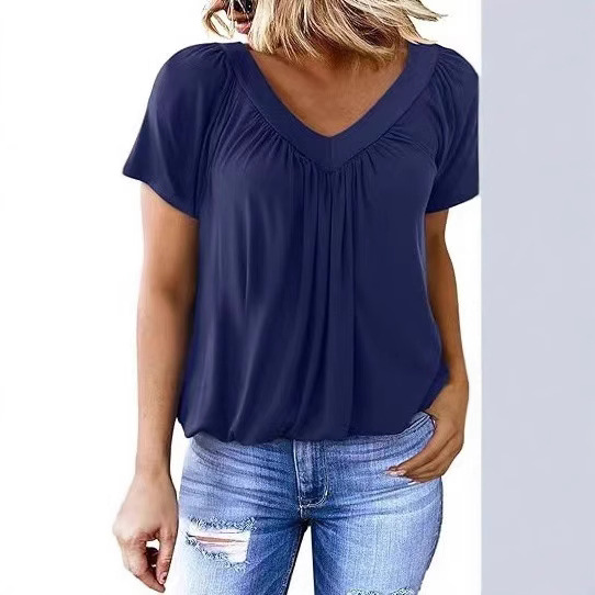 Cross-border Foreign Trade European And American Clothing T-shirt, New Casual Pleated Solid Color V-neck_ecoleips.com