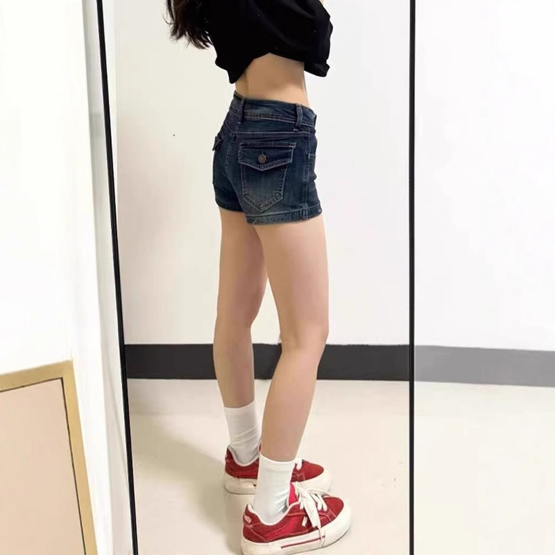 [Non-Real Shot] Low-Waist Elastic Hip-Hugging Tight-Fitting Slimming Look 2025 Summer Sexy Versatile A-Line Denim Shorts for Women