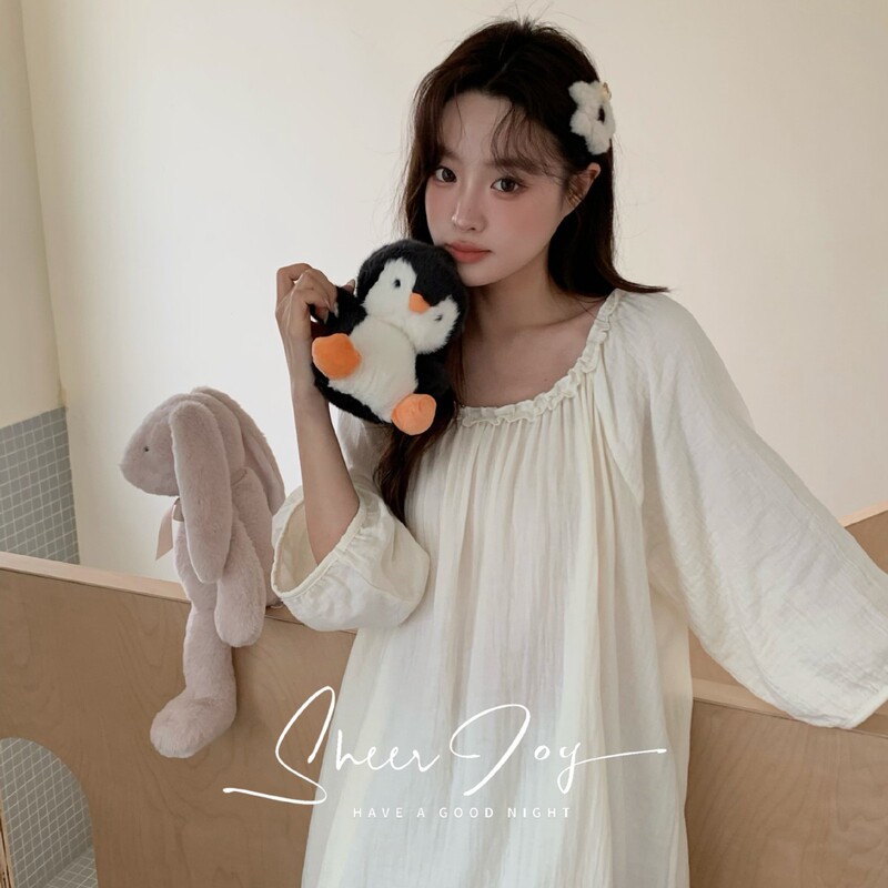 Washable Double-Layer Gauze Women's Spring/Summer Long-Sleeve Nightgown with Round Neck and Ruffles, Sweet Girl Style Home Dress, Freesia Dress