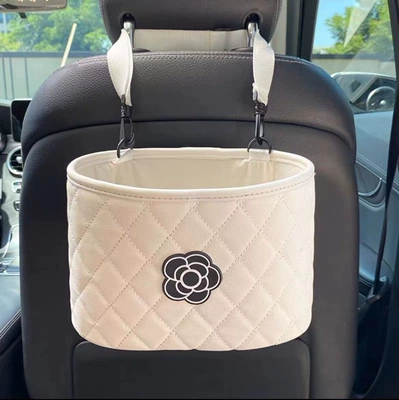 multifunctional in-car storage box Car storage bag/box - leather-white-camellia-storage-bucket