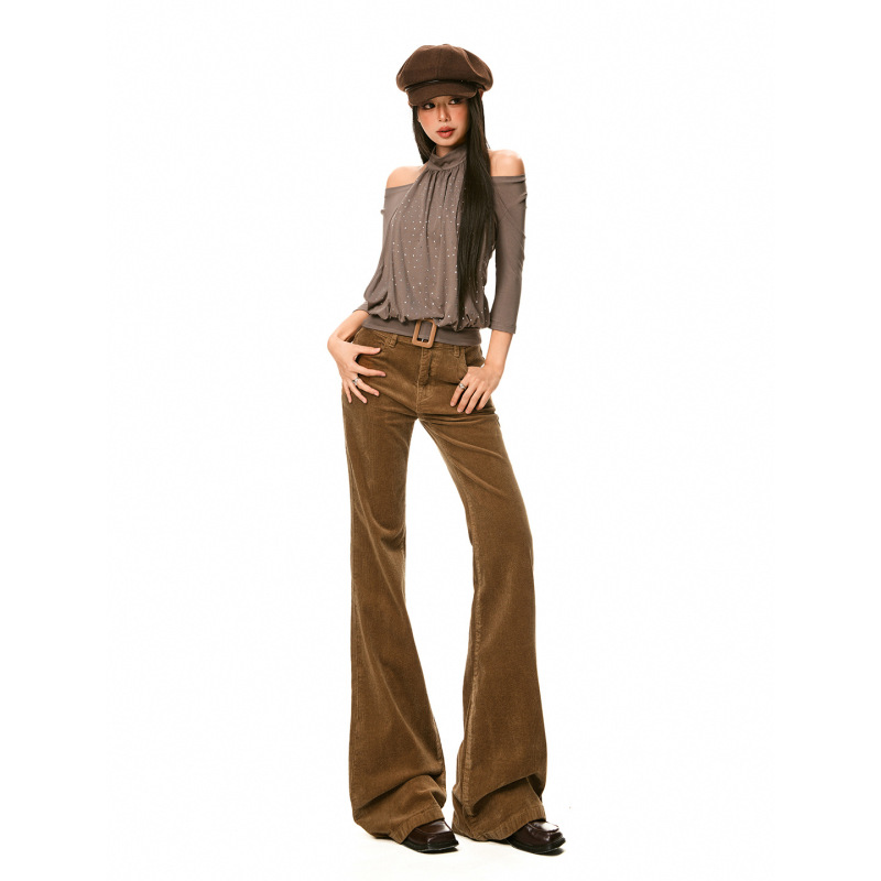 25Th Ootd! American Retro Corduroy Bootcut Pants for Women Spring New Low-Waist Slim Flared Pants to Show Longer Legs