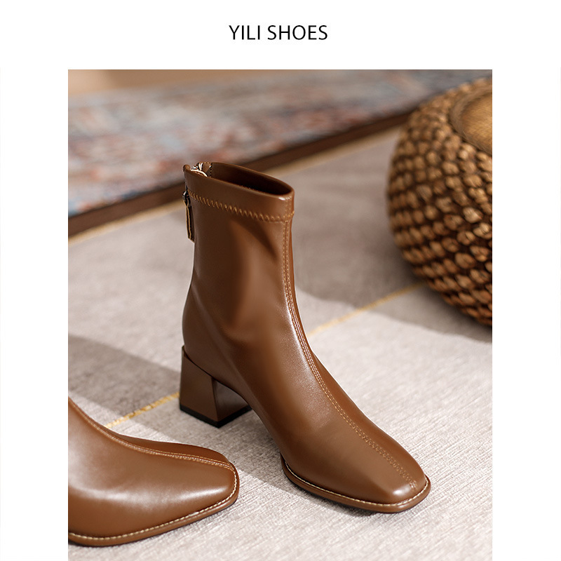 Brown Thick Heel French Short Boots for Women 2023 Spring & Fall New Single Boots Winter Ankle and Nude Boots Medium High Heels